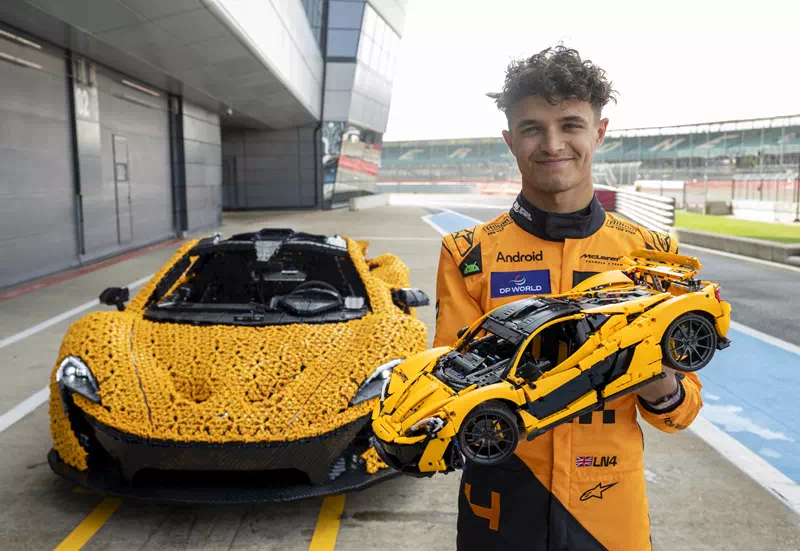 F1 Driver Lando Norris Takes on Silverstone Circuit in Life-Size LEGO® McLaren P1 Challenge