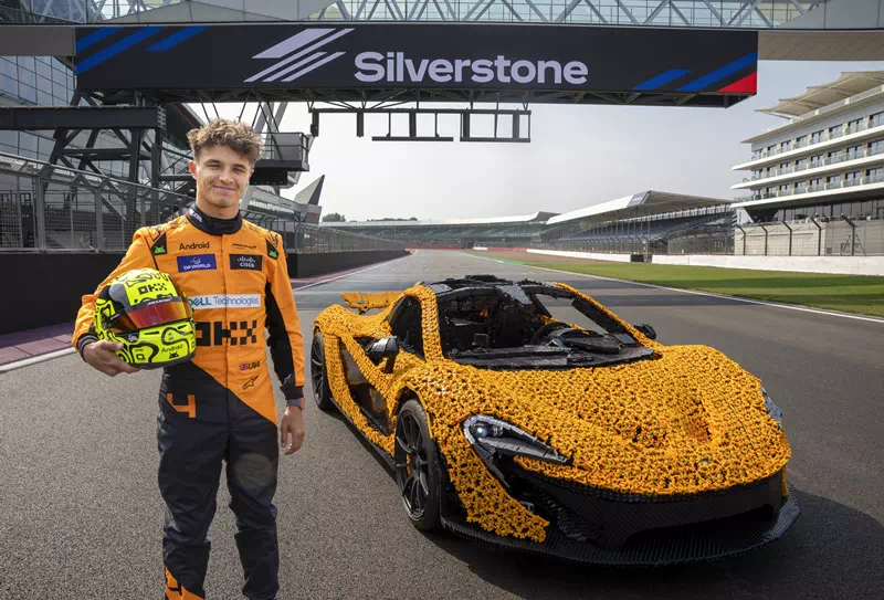 F1 Driver Lando Norris Takes on Silverstone Circuit in Life-Size LEGO® McLaren P1 Challenge